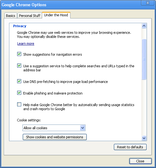 Google Chrome - Options - Under the Hood