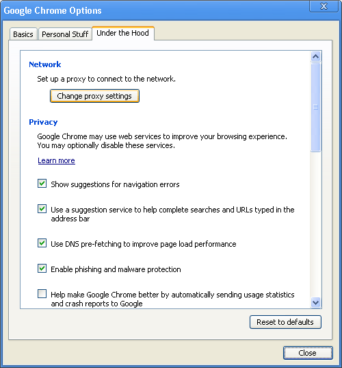 Google Chrome - Options - Under the Hood - Proxy settings