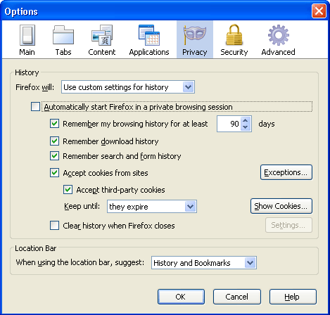 Mozilla Firefox - Privacy tab - Custom settings