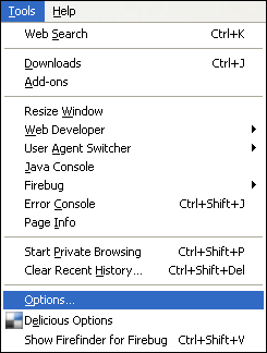 Mozilla Firefox - Tools - Options