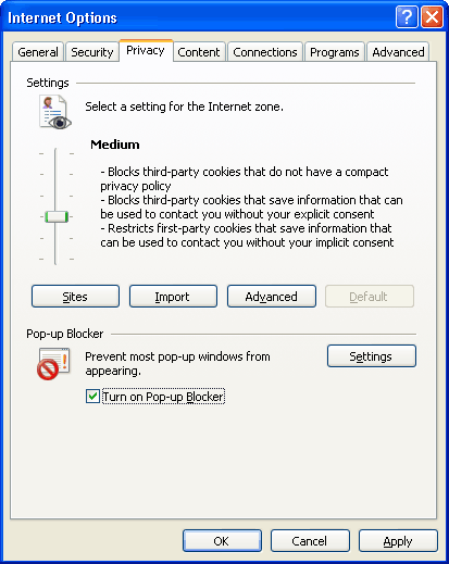 Internet Explorer - Internet Options - Privacy tab