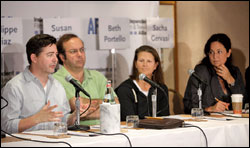 Panelists Dennis O’ Connor, left, Philippe Diaz, Susan Jackson and Beth Portello talk about social media’s affect on film marketing. 