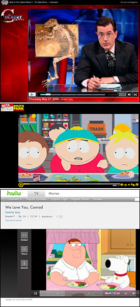 Clips from 'The Colbert Report,' top, 'South Park' and 'Family Guy' are among the most viewed video on the Web, helping casual viewers keep tabs.