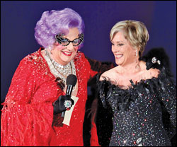 Dame Edna with opera singer Kiri Te Kanawa at the Hollywood Bowl opening night.