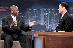 Herman Cain appeared on “Jimmy Kimmel Live” last week and returns tonight, likely addressing his recent Libya incident. 