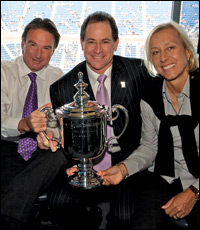 Tennis Channel topper Ken Solomon, center, with Jimmy Connors and Martina Navratilova at the U.S. Open in 2009