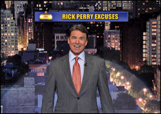 Republican presidential candidate Rick Perry presents the “Top Ten Rick Perry Excuses” on “Late Show With David Letterman.” 