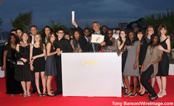 'The Class' (Entre les murs) director Laurent Cantet, center, winner of the Palme d'Or with cast members at Cannes Film Festival -- May 25, 2008 Winners list 