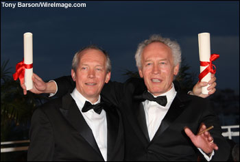 Writer-directors Luc Dardenne, left, and Jean-Pierre Dardenne take home the screenplay prize for their movie 'Lorna's Silence' (Le silence de lorna) -- Cannes Film Festival -- May 25, 2008