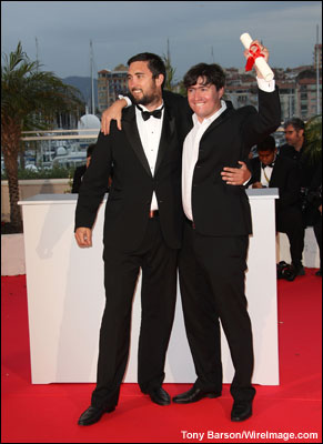 Short Film Jury Prize award winner director Julius Avery, left, for 'Jerrycan' and Short Film Palme d'Or award winner director Marian Crisan for 'Megatron' -- Cannes Film Festival -- May 25, 2008