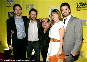 Actors Glenn Howerton, Charlie Day, Danny DeVito, Mary Elizabeth Ellis and Rob McElhenney arrive at the launch party for Season 4 of 'It's Always Sunny In Philadelphia" and Season 3 DVD release at STK on September 10, 2008 in Los Angeles, California. 