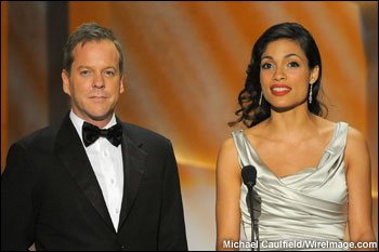Presenters Kiefer Sutherland and Rosario Dawson on stage in Los Angeles.