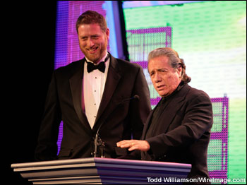 Editor Andrew Seklir and actor Edward James Olmos (R) appear on stage during the 59th Annual ACE Eddie Awards at the Beverly Hilton Hotel on February 15, 2009 in Beverly Hills, California. 