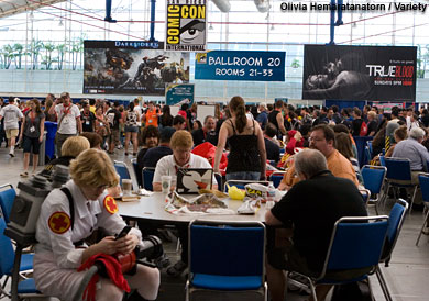Promotions for 'True Blood' and 'Darksiders' hang in the Sails Pavilion near the autograph area.