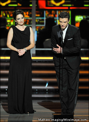 Presenters Tina Fey and Justin Timberlake onstage at the 61st Primetime Emmy Awards.