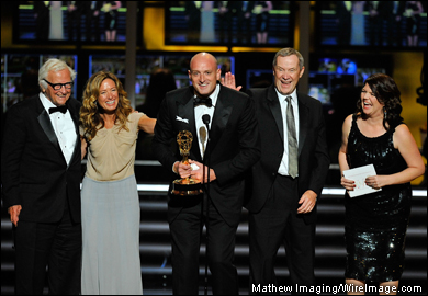 'Grey Gardens' filmmaker Albert Maysles (L), writer Rachael Horowitz (2nd L), director Michael Sucsy (C) and producers accept their Emmy award in the made for TV movie category.