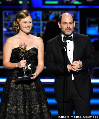 'Mad Men' writers Kater Gordon and Matthew Weiner onstage at the 61st Primetime Emmy Awards held at the Nokia Theatre on September 20, 2009 in Los Angeles, California.