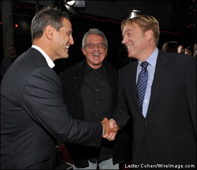 Ari Emanuel, Ron Meyer and Kevin Huvane chat before Monday's screening. 