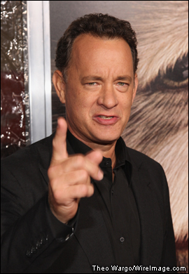 Tom Hanks points his way to the premiere in New York.