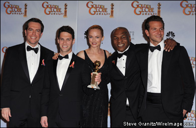 'The Hangover' gang from left to right: Ed Helms, Justin Bartha, Heather Graham, Boxer Mike Tyson and actor Bradley Cooper in the press room at the 67th annual Golden Globe Awards.