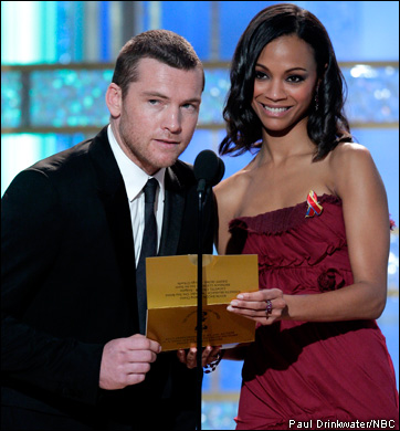 Presenters Sam Worthington, Zoe Saldana of 'Avatar' on stage during the 67th Annual Golden Globe telecast.