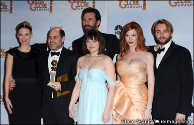 The 'Mad Men' team celebrate their Golden Globe win for best TV drama, from left to right January Jones, writer-producer Matthew Weiner, Jon Hamm, Elisabeth Moss, Christina Hendricks and Vincent Kartheiser.