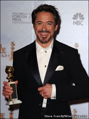 Robert Downey Jr. after giving a funny thank-you speech for his Golden Globe best actor, comedy-musical win. He was lauded by the Hollywood Foreign Press for his title role in 'Sherlock Holmes.'
