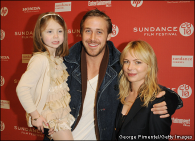 Actor Ryan Gosling gives actress Faith Wladyka a lift with co-star Michelle Williams at the Sundance preem of 'Blue Valentine'.