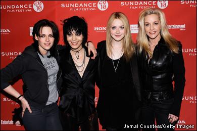 Musicians Joan Jett and Cherie Currie with Kristen Stewart and Dakota Fanning at the Jan. 24 2010 unvailing of 'The Runaways' in Park City. 