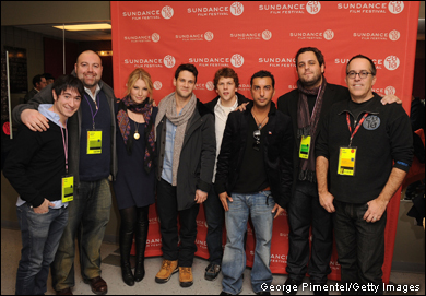 Jason Fuchs, Antonio Macia, Ari Graynor, Justin Bartha, Danny Abeckaser, Jessie Eisenberg, helmer Kevin Asch and Marc Ivanir attend the 'Holy Rollers' premiere at Eccles Center Theatre in Park City, Utah.