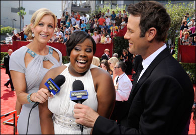 'Glee' actress Amber Riley (center) speaks with TV personalities Lara Spencer and Chris Jacobs at the Insider Platform during the 62nd Annual Primetime Emmy Awards.