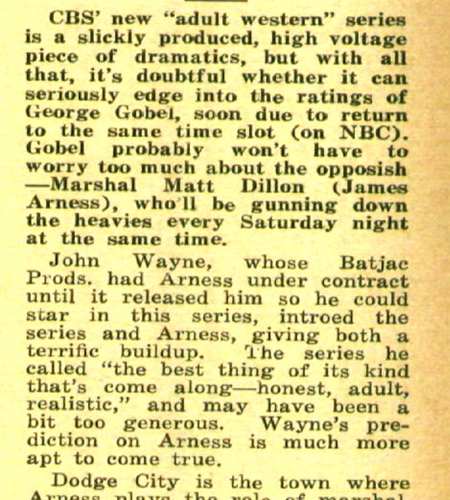 Excerpt of Daily Variety's review of the first TV seg of "Gunsmoke," Sept. 12, 1955. 
