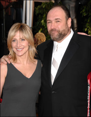 Actors Edie Falco and James Gandolfini arrives to the 14th Annual Screen Actors Guild Awards at the Shrine Auditorium on January 27, 2008 in Los Angeles, California.