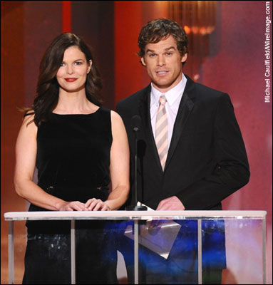 Actors Jeanne Tripplehorn and Michael C. Hall on stage at the 14th Annual Screen Actors Guild Awards at the Shrine Auditorium on January 27, 2008 in Los Angeles, California.
