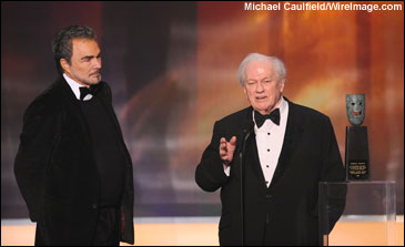 Actors Burt Reynolds and Charles Durning on stage at the 14th Annual Screen Actors Guild Awards at the Shrine Auditorium on January 27, 2008 in Los Angeles, California.