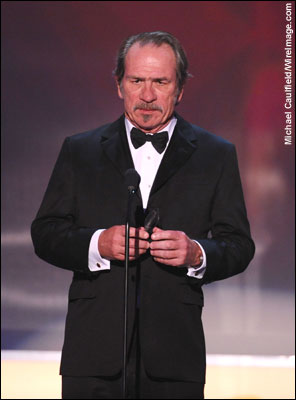 Actor Tommy Lee Jones on stage at the 14th Annual Screen Actors Guild Awards at the Shrine Auditorium on January 27, 2008 in Los Angeles, California.
